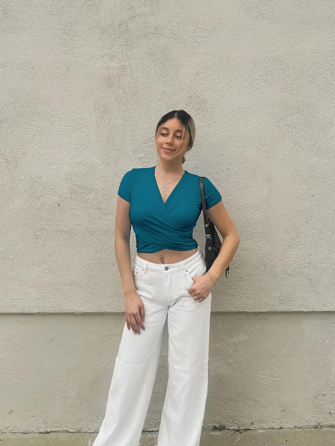 Women's Crop Top Cross Wrap Long/Short Sleeve Deep V Neck Slim Fit