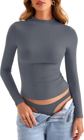 Womens Double Lined Mock Turtle Neck Long Sleeve Tops Slim Fitted Going Out Tops Basic T Shirts