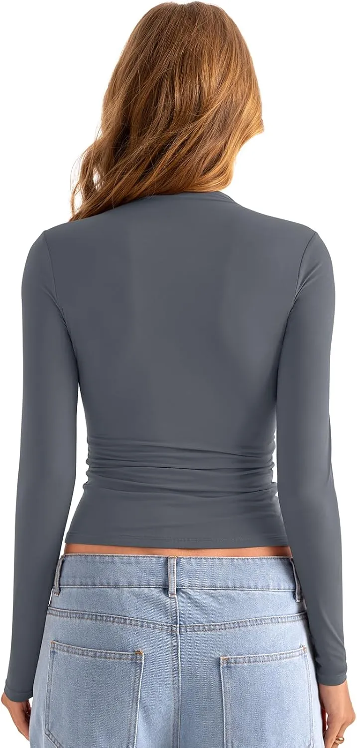 Womens Double Lined Mock Turtle Neck Long Sleeve Tops Slim Fitted Going Out Tops Basic T Shirts