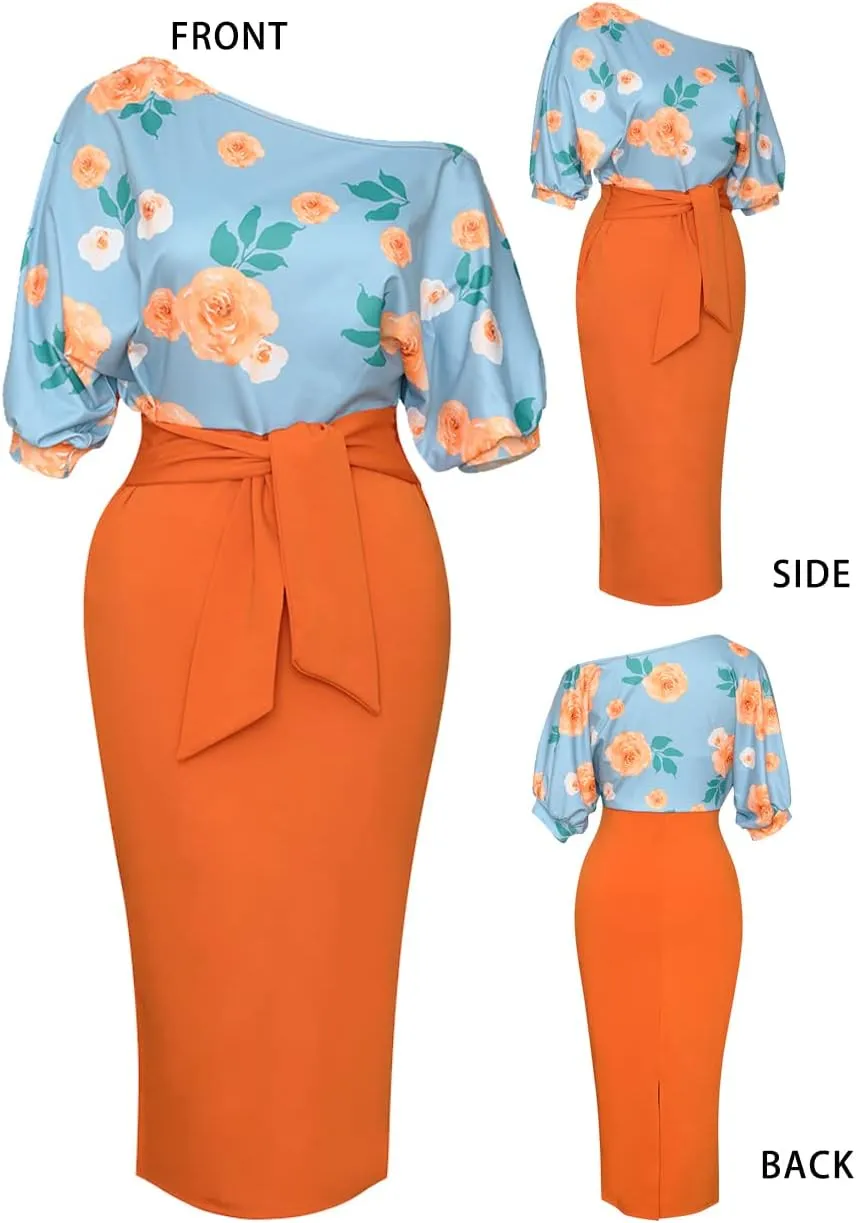 Womens Floral Print Cocktail Off Shoulder Belted Work Midi Pencil Dress