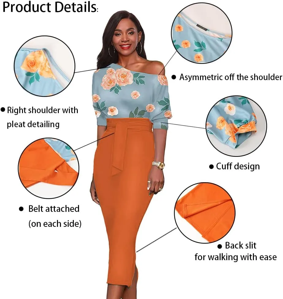 Womens Floral Print Cocktail Off Shoulder Belted Work Midi Pencil Dress