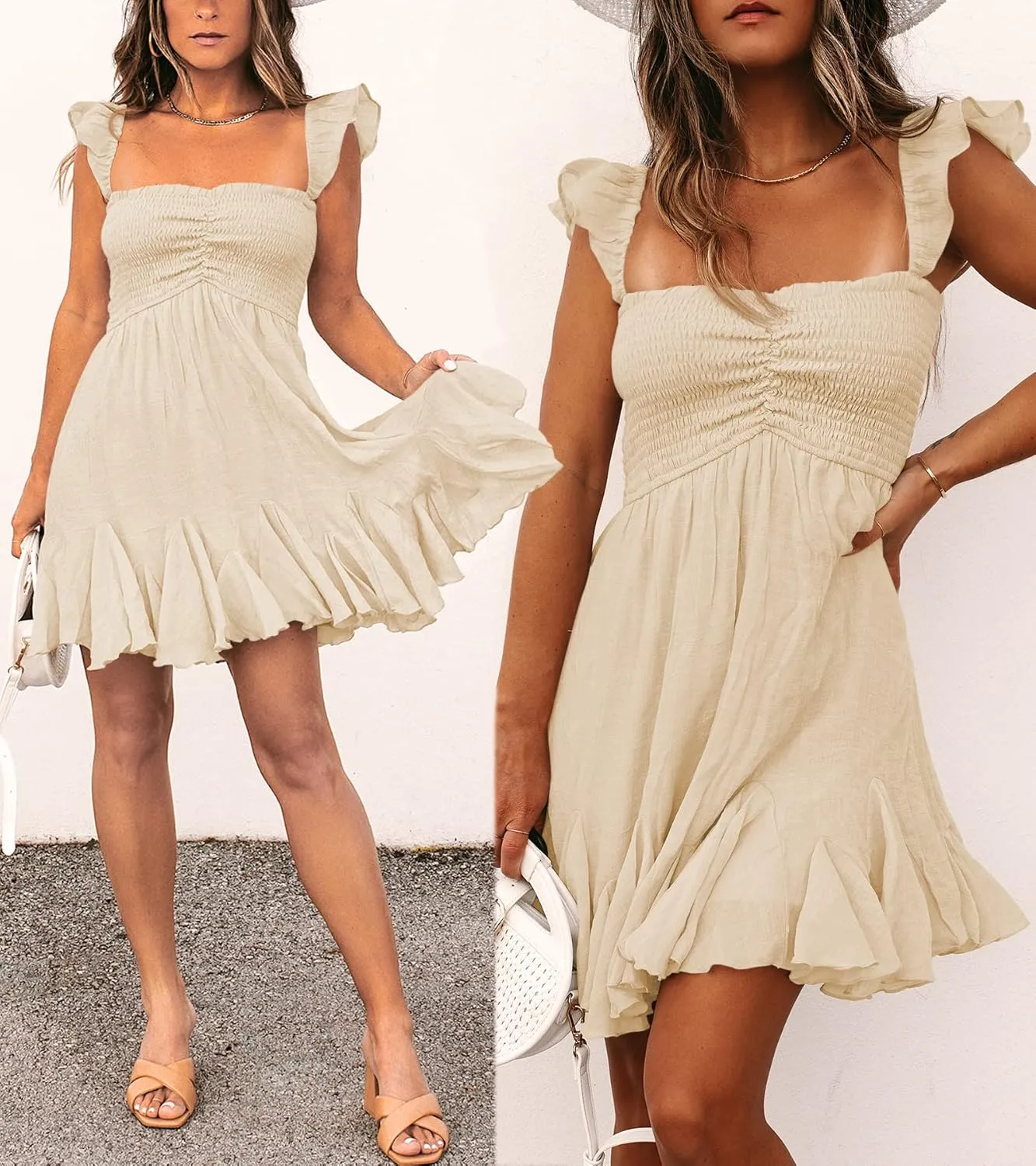 Womens Off Shoulder Mini Dress Sweetheart Neck Smocked Elastic Straps Ruffle Hem Flowy Swing Short Sundress