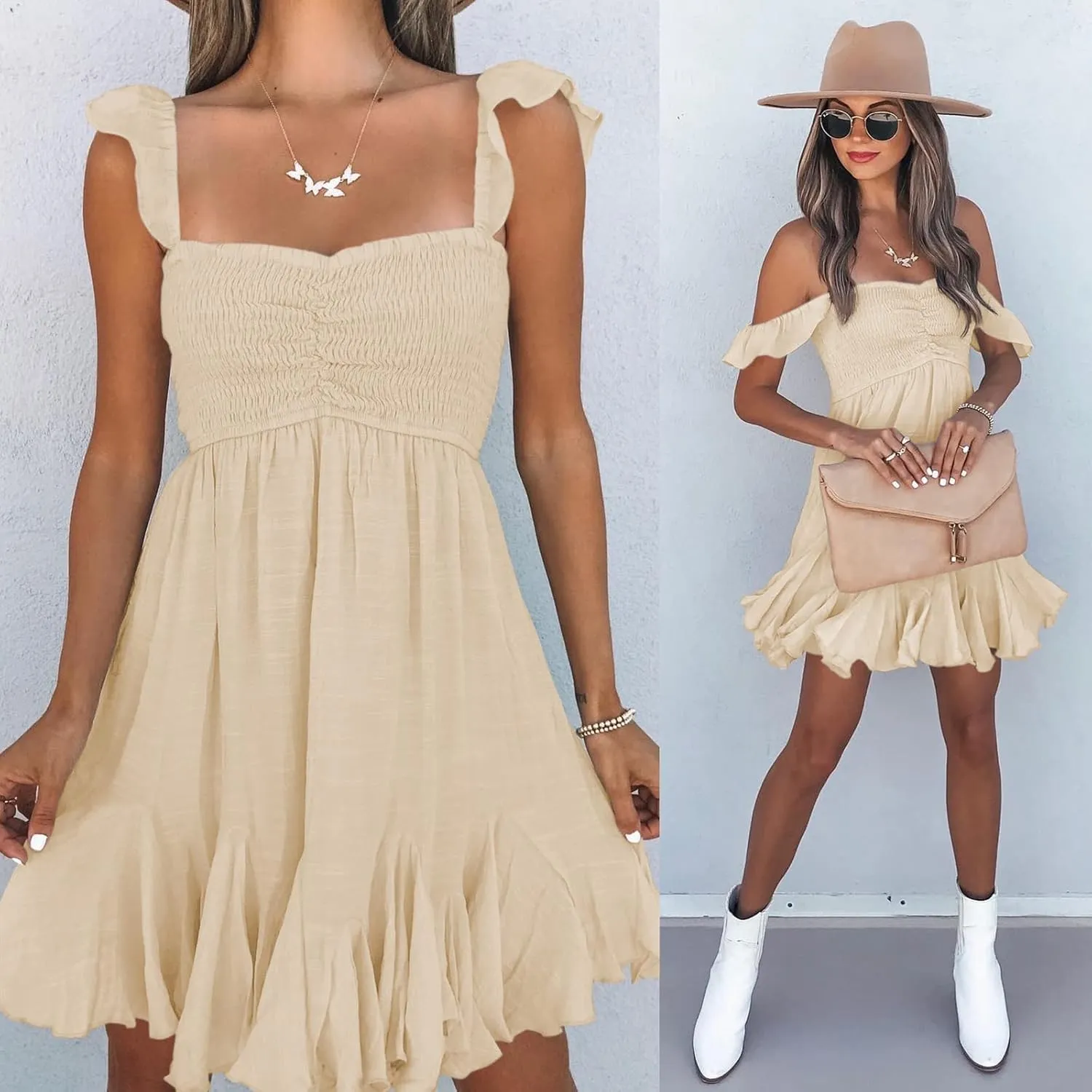 Womens Off Shoulder Mini Dress Sweetheart Neck Smocked Elastic Straps Ruffle Hem Flowy Swing Short Sundress