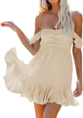 Womens Off Shoulder Mini Dress Sweetheart Neck Smocked Elastic Straps Ruffle Hem Flowy Swing Short Sundress