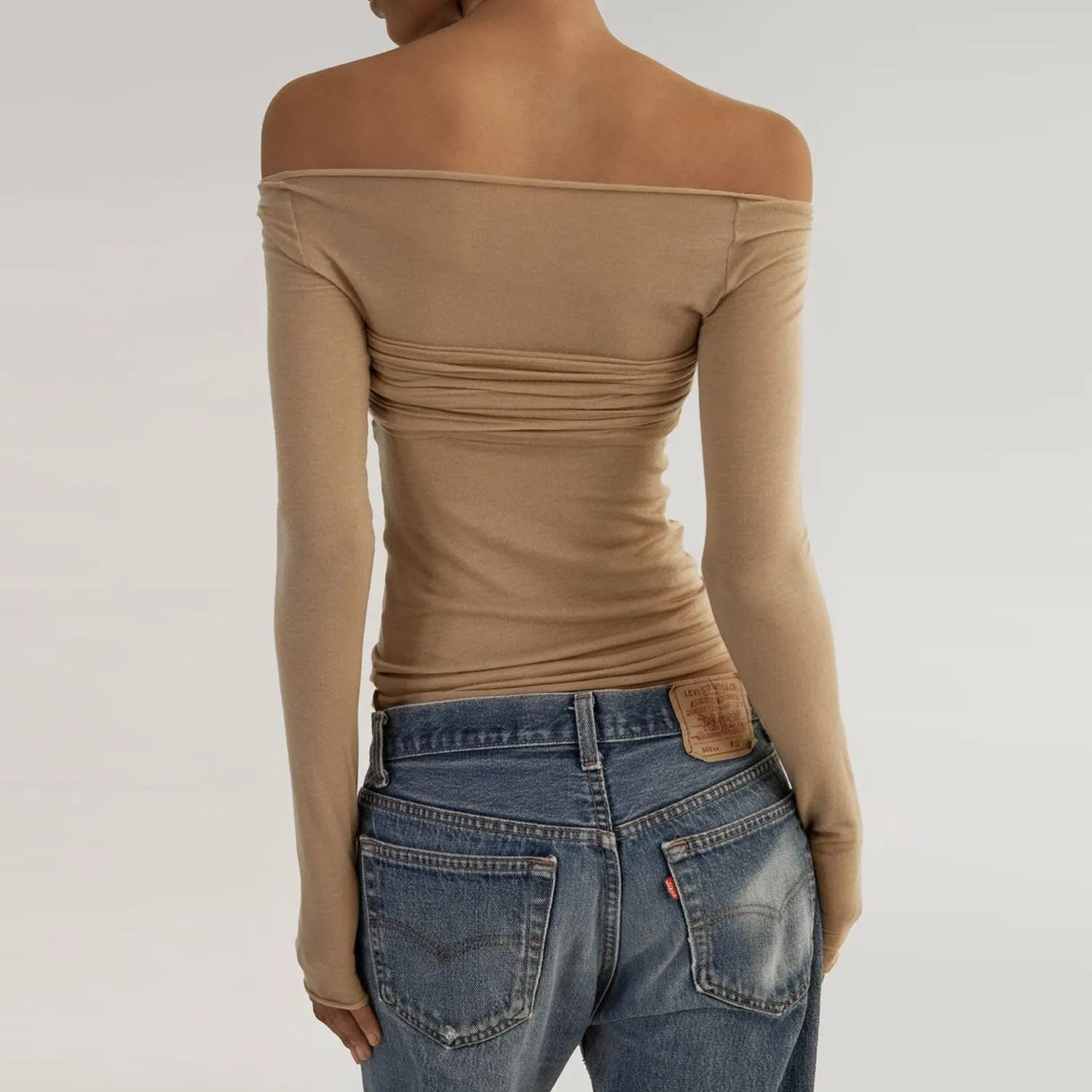 Women's Sexy Crop Top Long Sleeve Off Shoulder Going Out Tops Slim Fit Mesh Ruched Twisted Blouse Y2K T Shirt