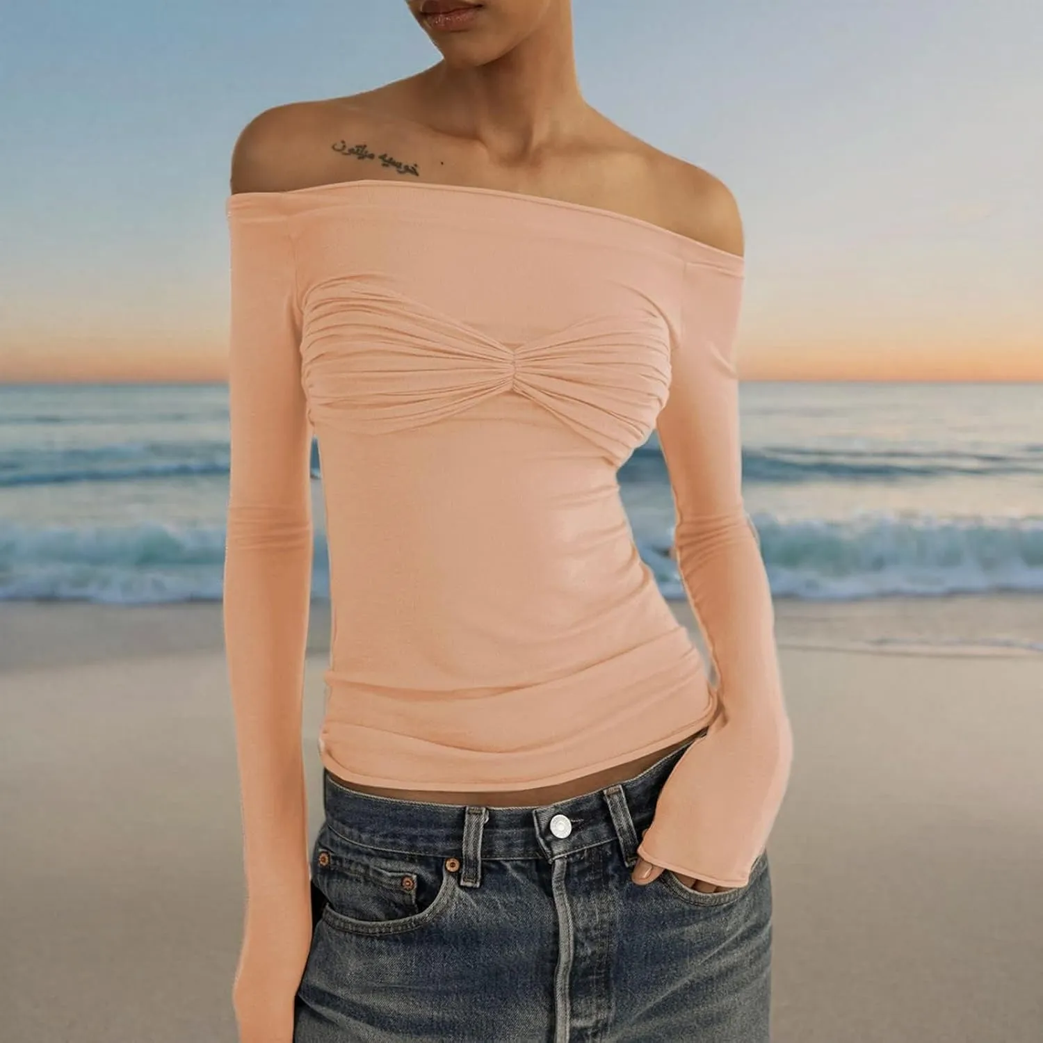 Women's Sexy Crop Top Long Sleeve Off Shoulder Going Out Tops Slim Fit Mesh Ruched Twisted Blouse Y2K T Shirt