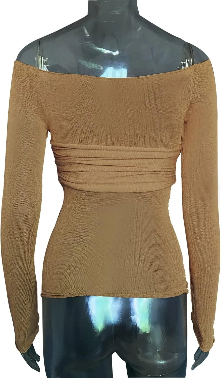 Women's Sexy Crop Top Long Sleeve Off Shoulder Going Out Tops Slim Fit Mesh Ruched Twisted Blouse Y2K T Shirt