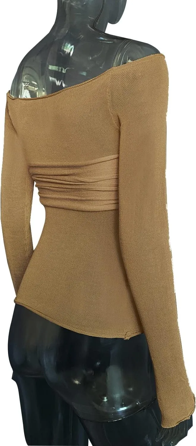 Women's Sexy Crop Top Long Sleeve Off Shoulder Going Out Tops Slim Fit Mesh Ruched Twisted Blouse Y2K T Shirt