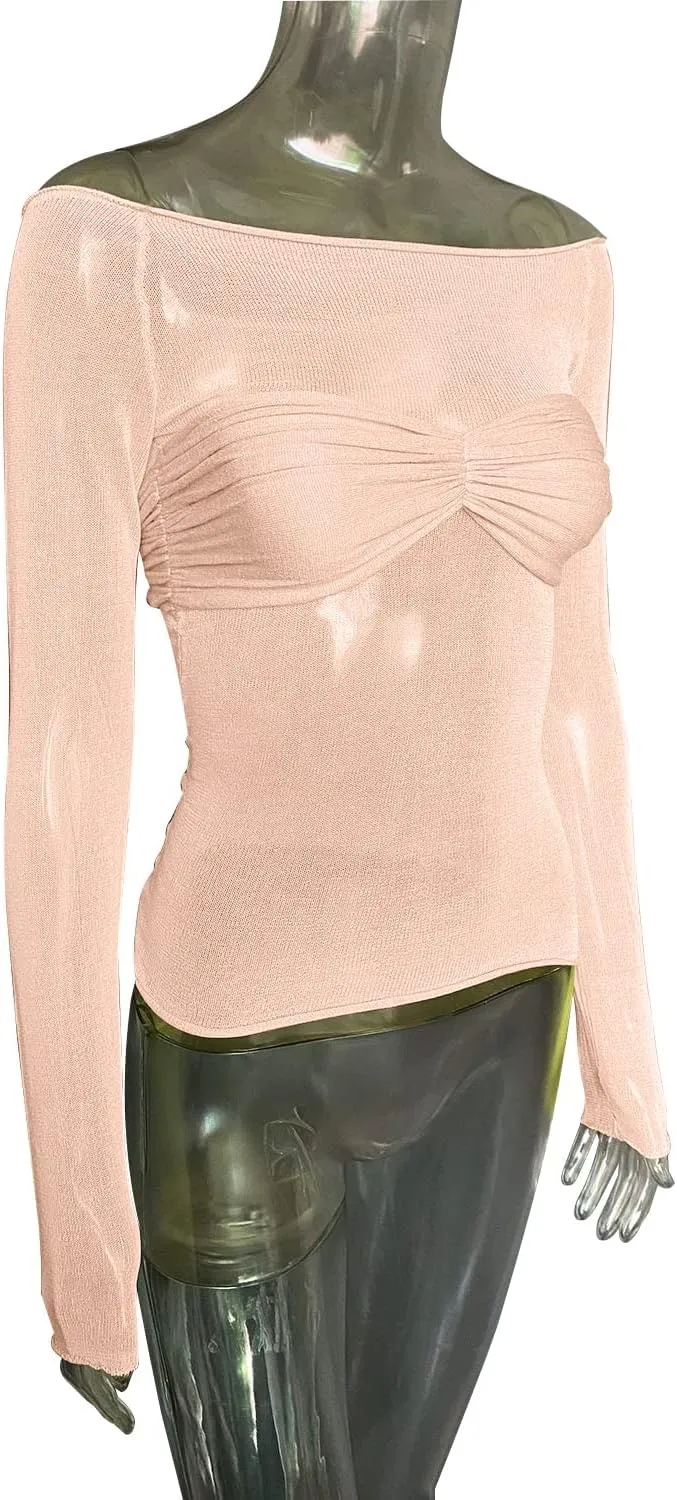 Women's Sexy Crop Top Long Sleeve Off Shoulder Going Out Tops Slim Fit Mesh Ruched Twisted Blouse Y2K T Shirt
