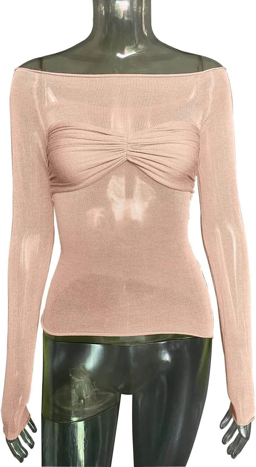 Women's Sexy Crop Top Long Sleeve Off Shoulder Going Out Tops Slim Fit Mesh Ruched Twisted Blouse Y2K T Shirt