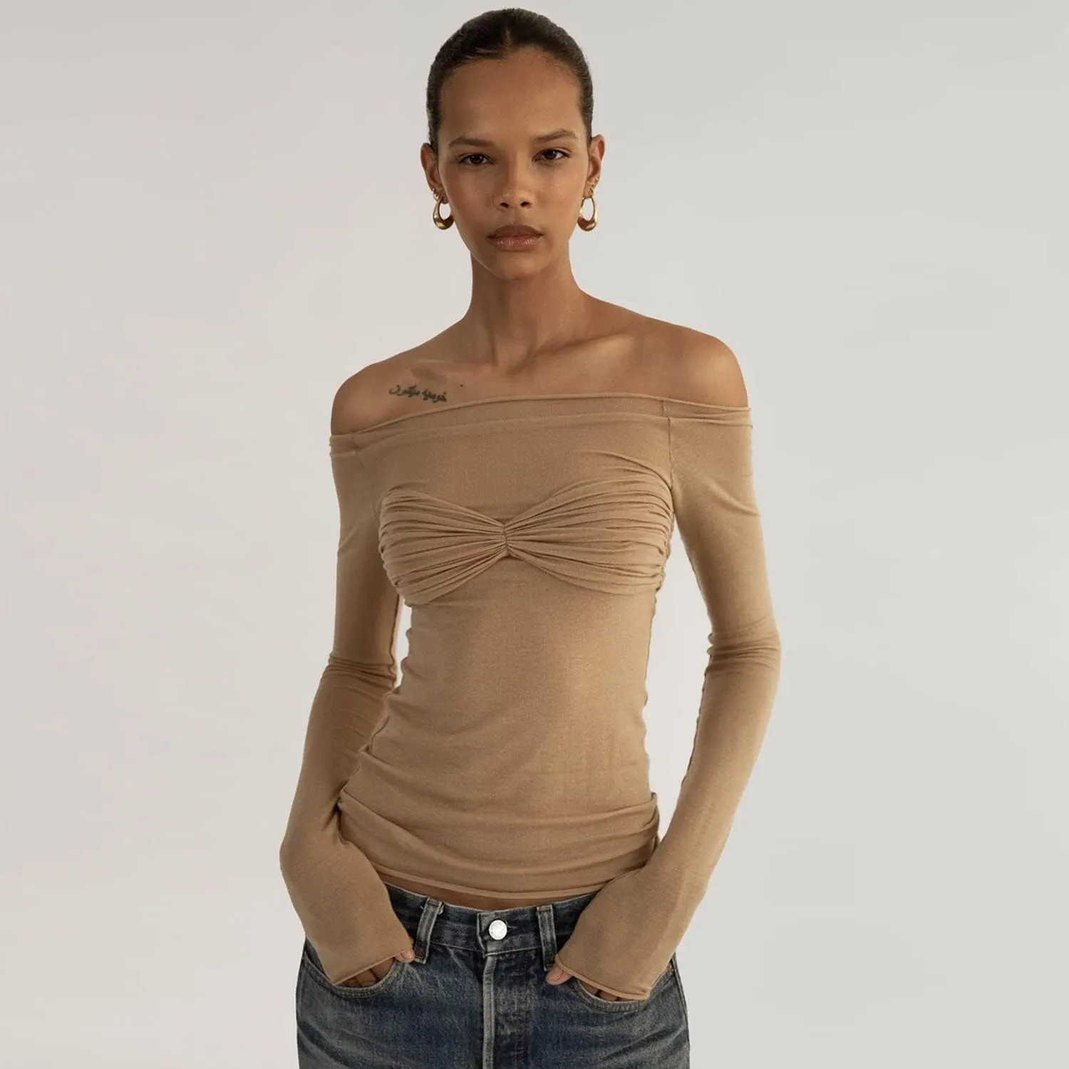 Women's Sexy Crop Top Long Sleeve Off Shoulder Going Out Tops Slim Fit Mesh Ruched Twisted Blouse Y2K T Shirt