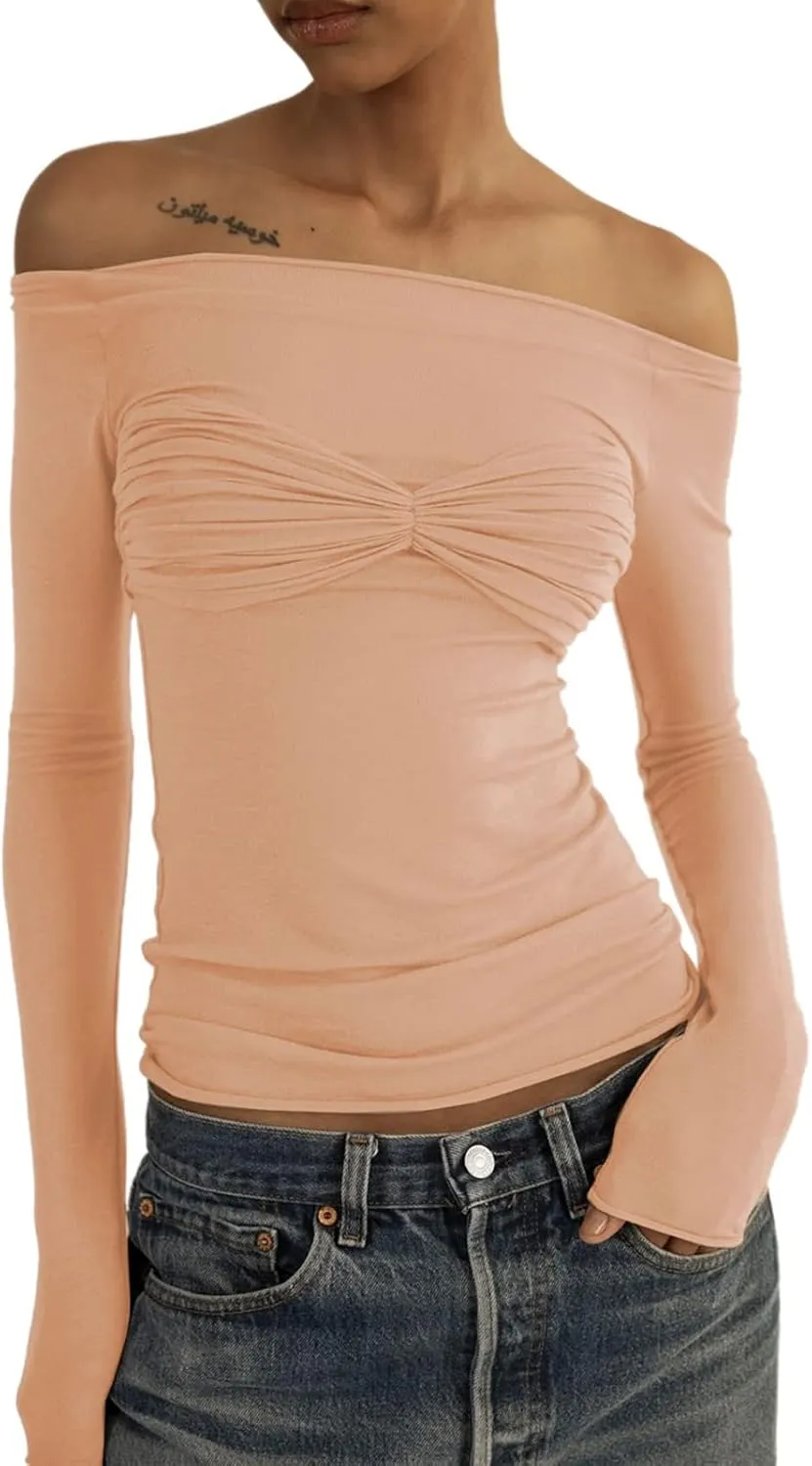 Women's Sexy Crop Top Long Sleeve Off Shoulder Going Out Tops Slim Fit Mesh Ruched Twisted Blouse Y2K T Shirt