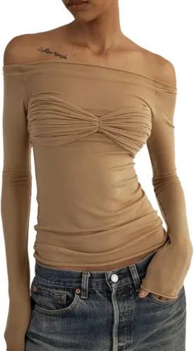 Women's Sexy Crop Top Long Sleeve Off Shoulder Going Out Tops Slim Fit Mesh Ruched Twisted Blouse Y2K T Shirt
