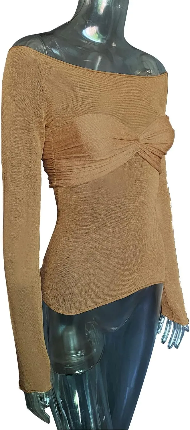 Women's Sexy Crop Top Long Sleeve Off Shoulder Going Out Tops Slim Fit Mesh Ruched Twisted Blouse Y2K T Shirt