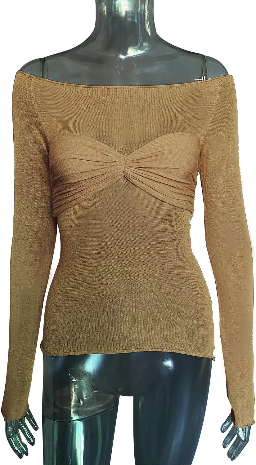 Women's Sexy Crop Top Long Sleeve Off Shoulder Going Out Tops Slim Fit Mesh Ruched Twisted Blouse Y2K T Shirt