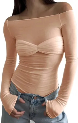 Women's Sexy Crop Top Long Sleeve Off Shoulder Going Out Tops Slim Fit Mesh Ruched Twisted Blouse Y2K T Shirt