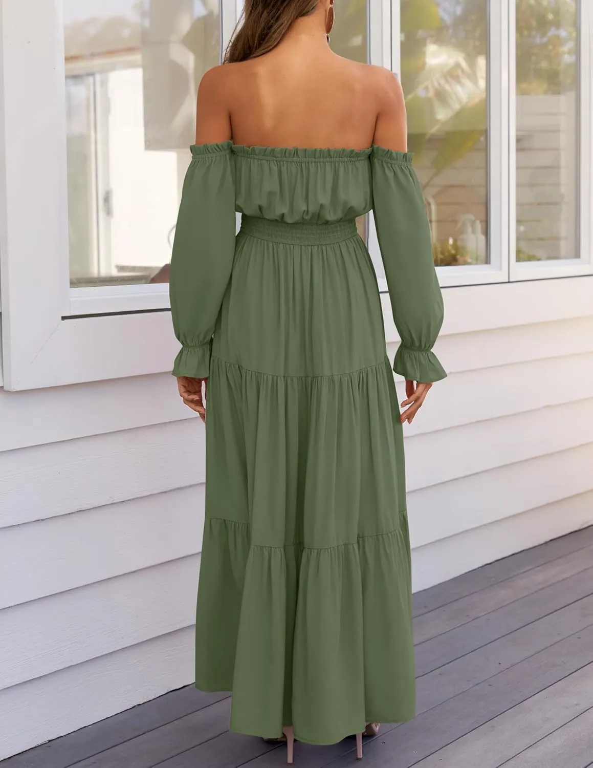 ZESICA Women's 2025 Boho Sexy Off Shoulder Long Sleeve Smocked High Waist Side Split Flowy A Line Tiered Long Maxi Dress