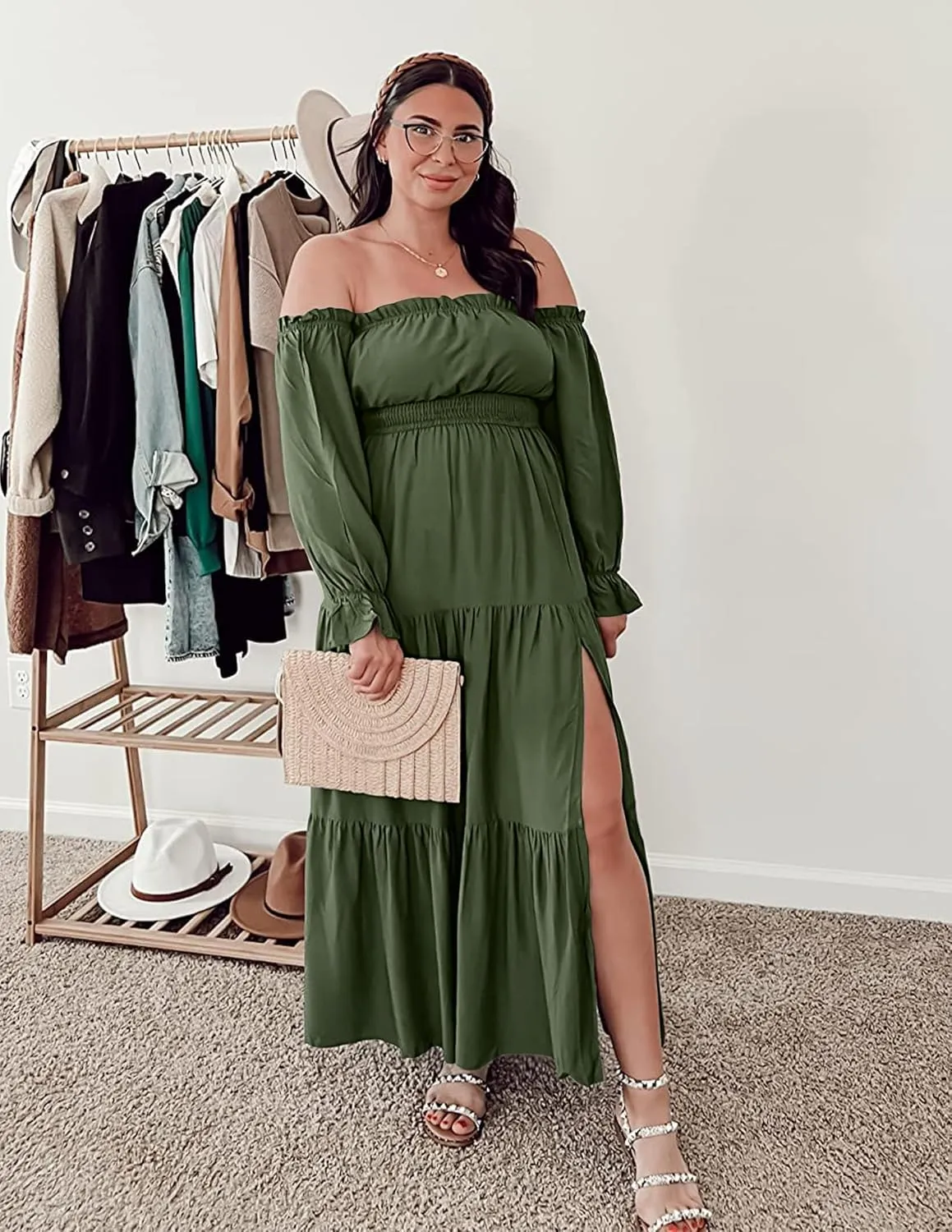 ZESICA Women's 2025 Boho Sexy Off Shoulder Long Sleeve Smocked High Waist Side Split Flowy A Line Tiered Long Maxi Dress