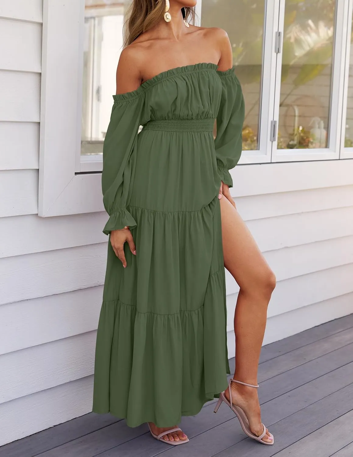 ZESICA Women's 2025 Boho Sexy Off Shoulder Long Sleeve Smocked High Waist Side Split Flowy A Line Tiered Long Maxi Dress