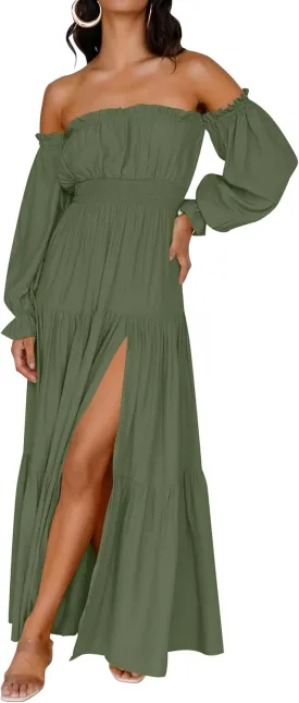 ZESICA Women's 2025 Boho Sexy Off Shoulder Long Sleeve Smocked High Waist Side Split Flowy A Line Tiered Long Maxi Dress