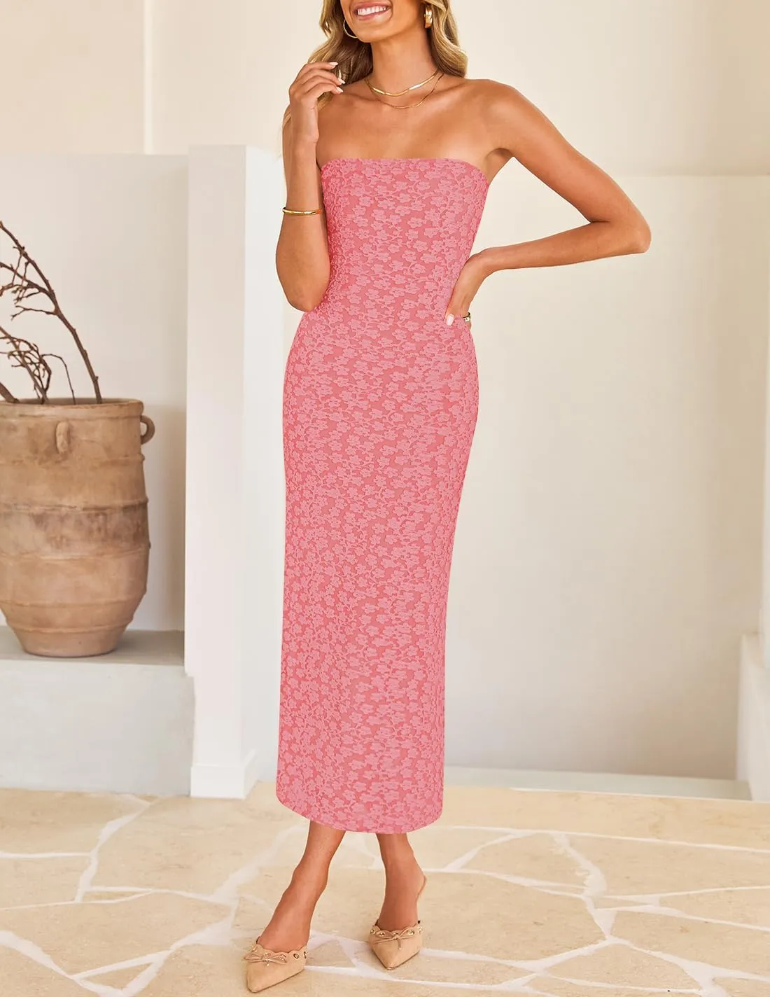 ZESICA Women's 2025 Summer Boho Floral Strapless Bodycon Dress Off Shoulder Tube Beach Party Long Midi Dresses