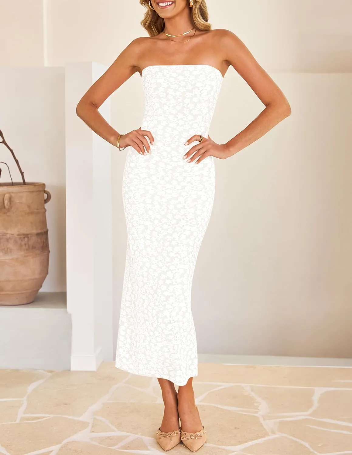 ZESICA Women's 2025 Summer Boho Floral Strapless Bodycon Dress Off Shoulder Tube Beach Party Long Midi Dresses