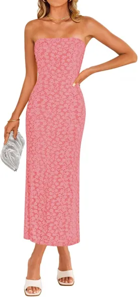 ZESICA Women's 2025 Summer Boho Floral Strapless Bodycon Dress Off Shoulder Tube Beach Party Long Midi Dresses