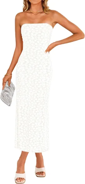 ZESICA Women's 2025 Summer Boho Floral Strapless Bodycon Dress Off Shoulder Tube Beach Party Long Midi Dresses