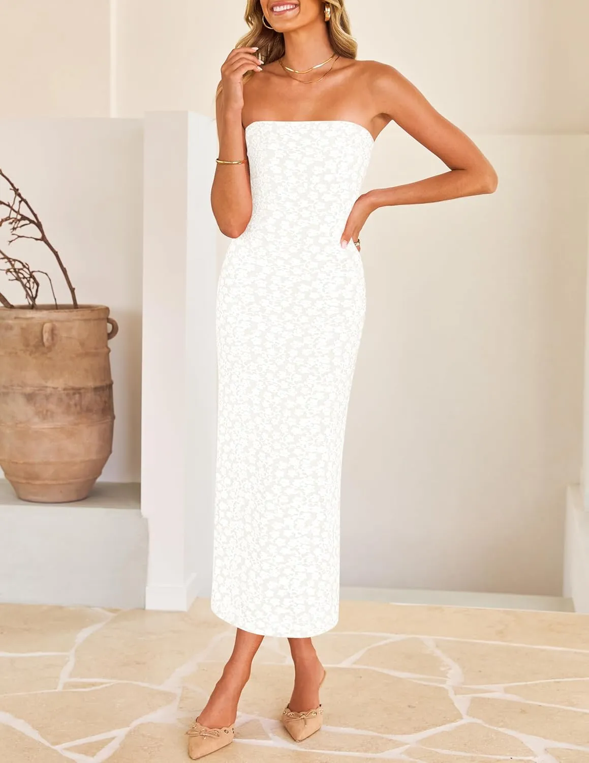 ZESICA Women's 2025 Summer Boho Floral Strapless Bodycon Dress Off Shoulder Tube Beach Party Long Midi Dresses