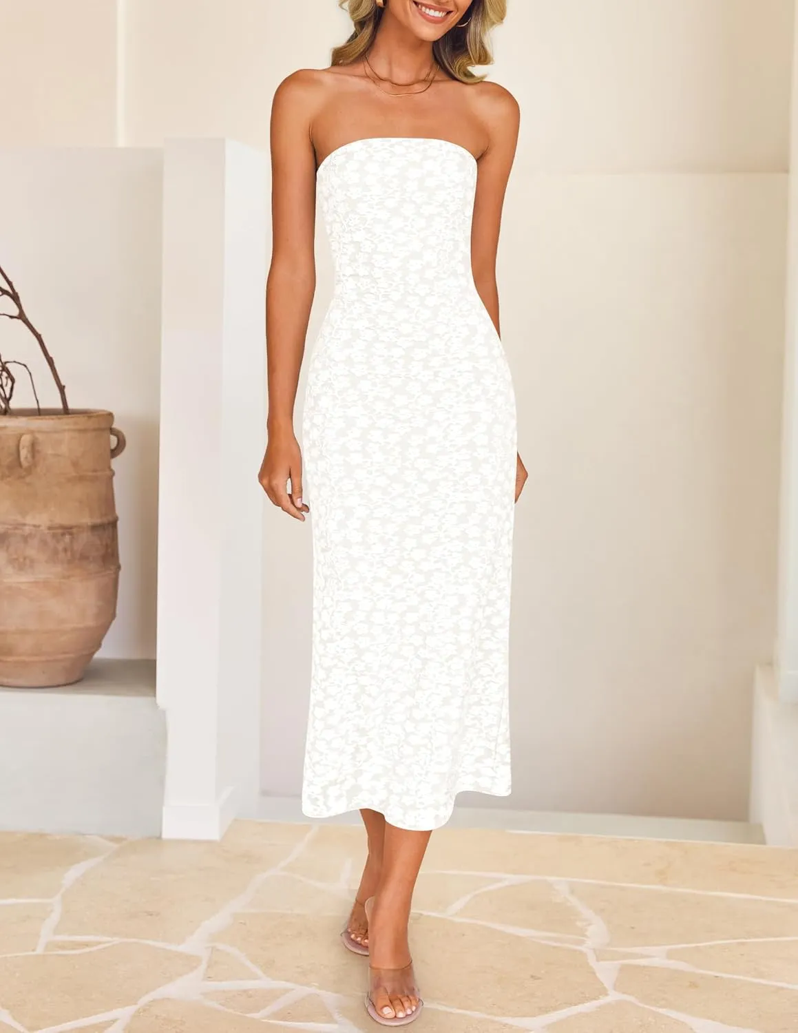 ZESICA Women's 2025 Summer Boho Floral Strapless Bodycon Dress Off Shoulder Tube Beach Party Long Midi Dresses