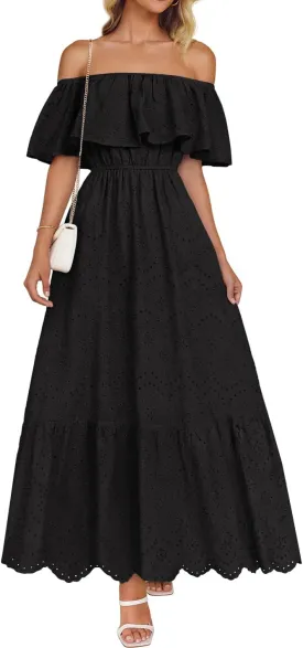 ZESICA Women's 2025 Summer Off Shoulder Ruffle Midi Dress Short Sleeve High Waist Hollow Out Embroidery Party Dresses
