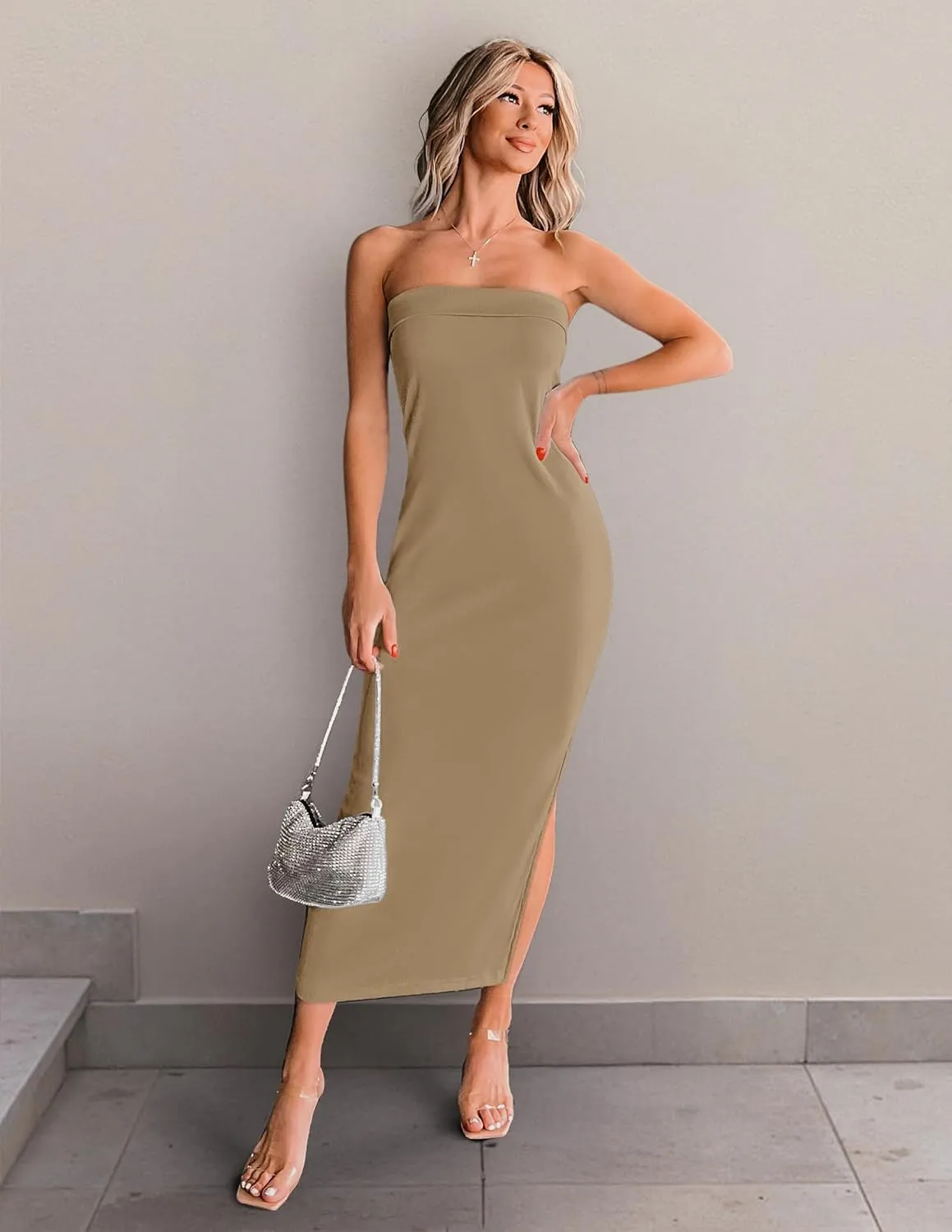 ZESICA Women's 2025 Summer Strapless Bodycon Midi Dress Off Shoulder Sleeveless Side Slit Tube Long Club Party Dresses