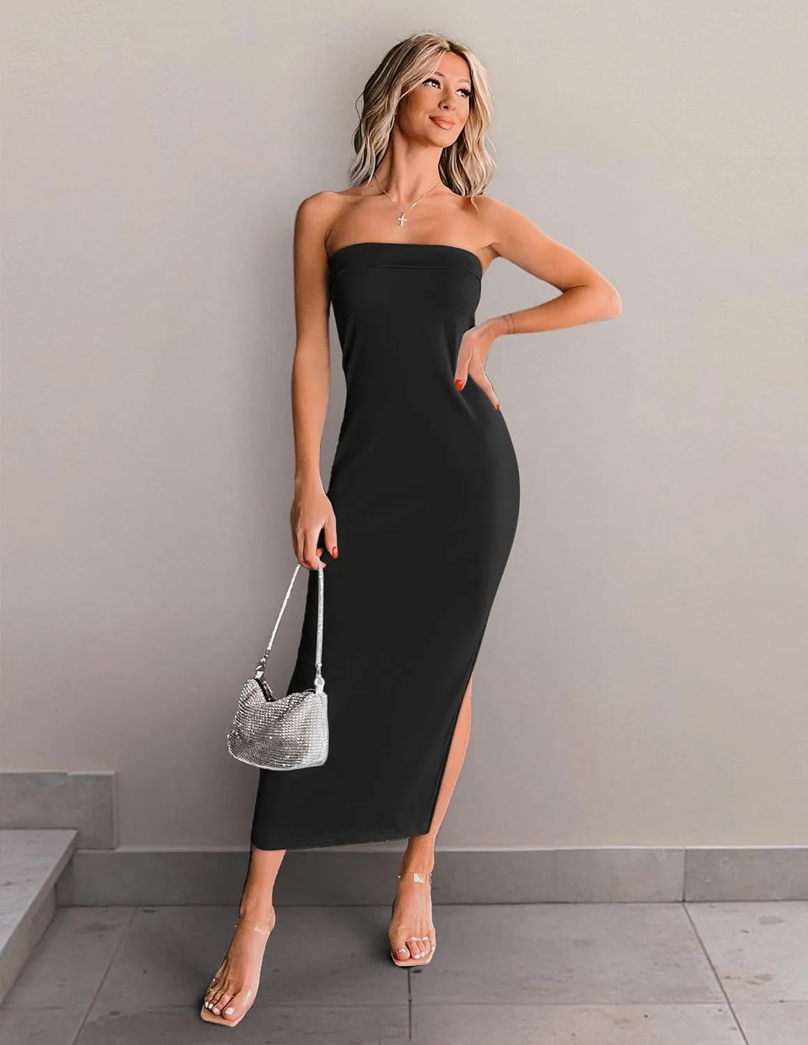 ZESICA Women's 2025 Summer Strapless Bodycon Midi Dress Off Shoulder Sleeveless Side Slit Tube Long Club Party Dresses