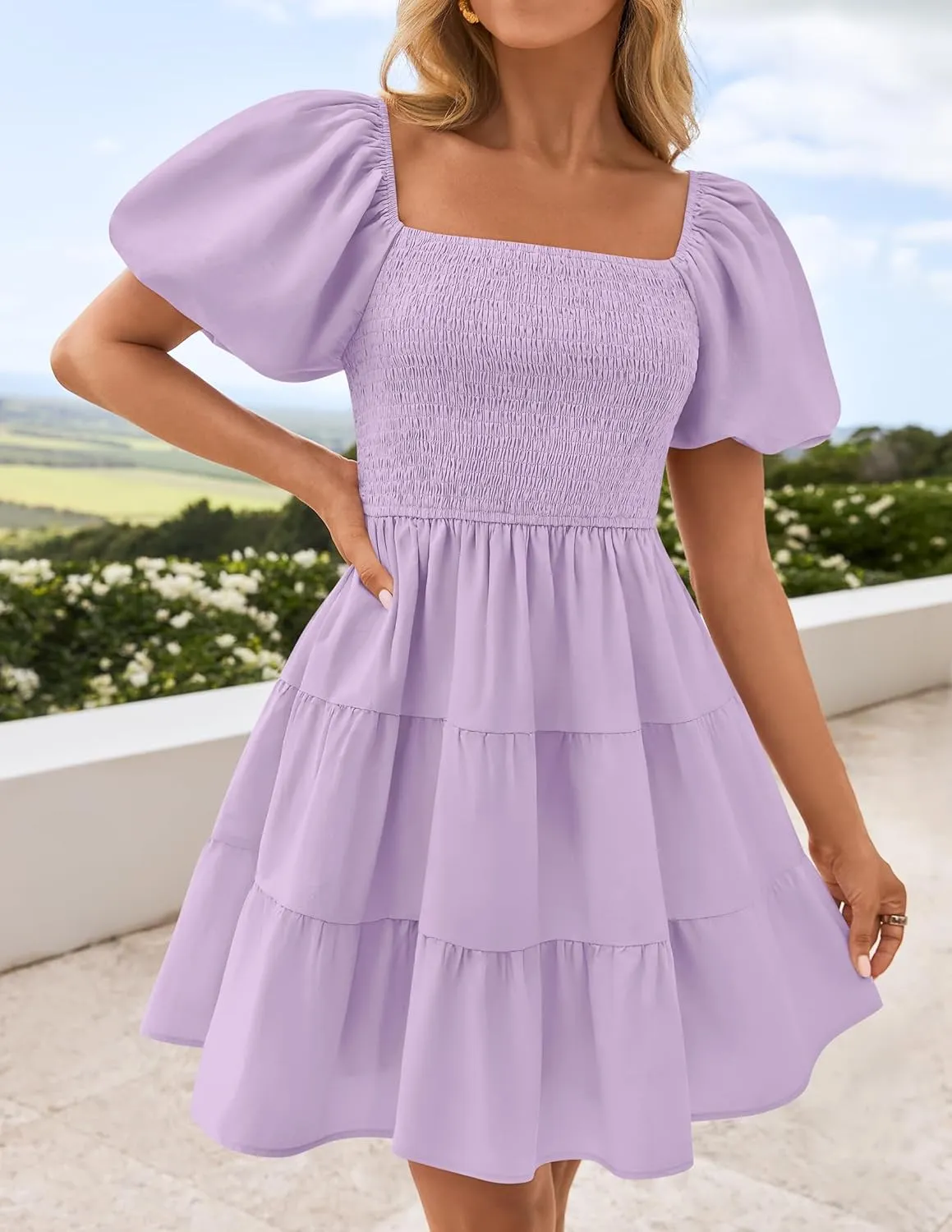 ZESICA Women's Boho 2025 Summer Square Neck Puff Sleeve Off Shoulder Smocked Tiered Casual A Line Short Mini Dress