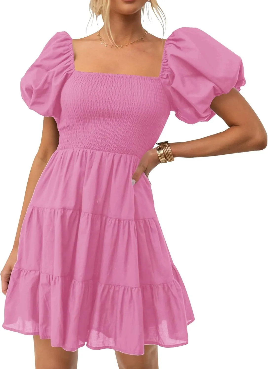 ZESICA Women's Boho 2025 Summer Square Neck Puff Sleeve Off Shoulder Smocked Tiered Casual A Line Short Mini Dress