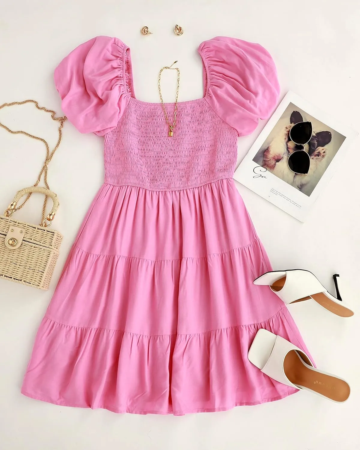 ZESICA Women's Boho 2025 Summer Square Neck Puff Sleeve Off Shoulder Smocked Tiered Casual A Line Short Mini Dress