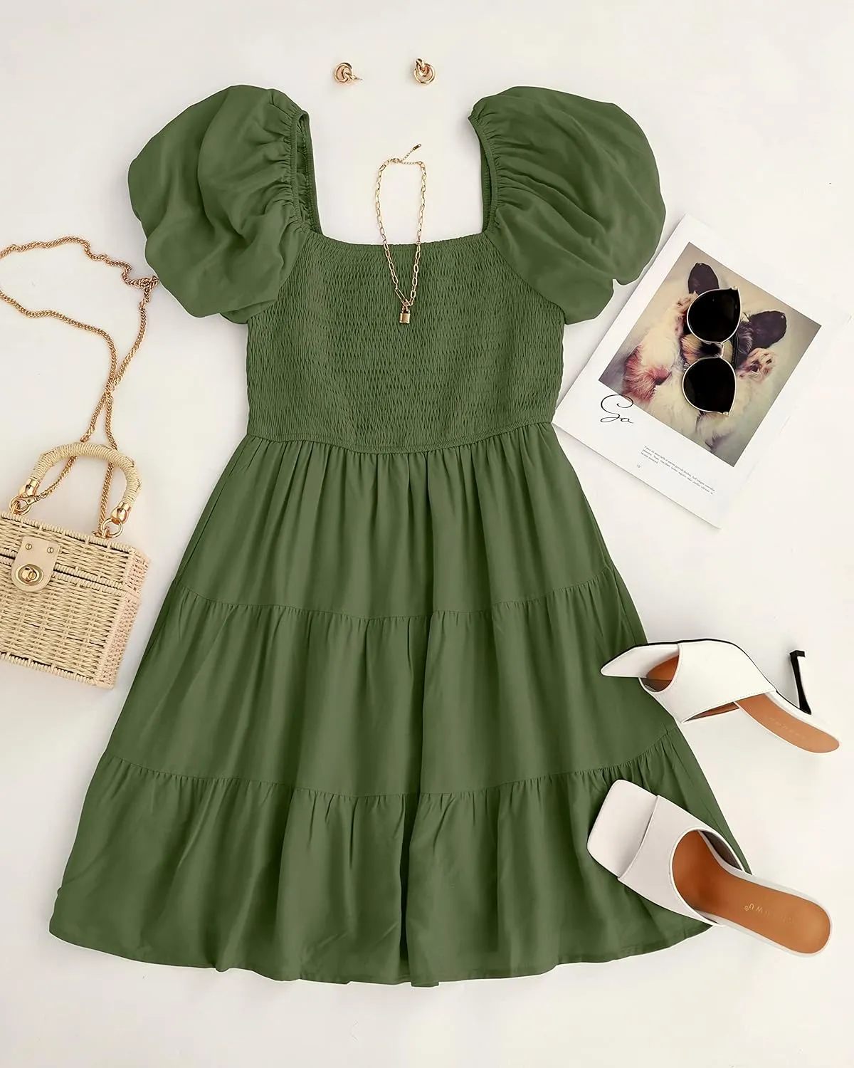 ZESICA Women's Boho 2025 Summer Square Neck Puff Sleeve Off Shoulder Smocked Tiered Casual A Line Short Mini Dress