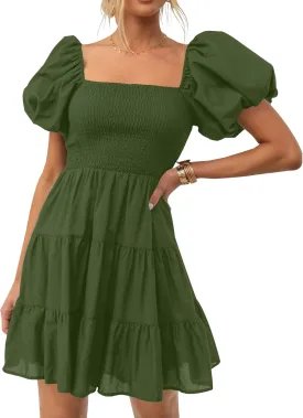 ZESICA Women's Boho 2025 Summer Square Neck Puff Sleeve Off Shoulder Smocked Tiered Casual A Line Short Mini Dress