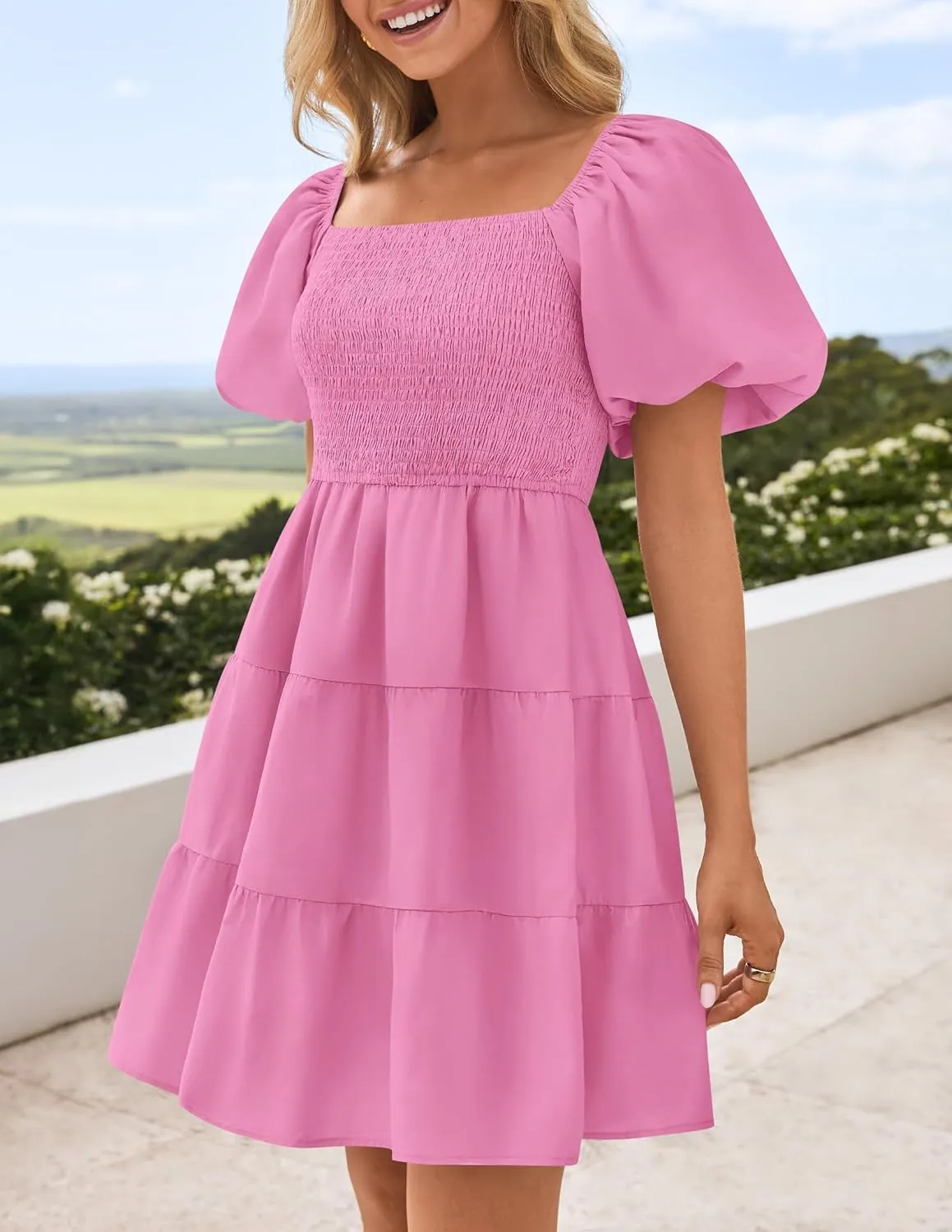 ZESICA Women's Boho 2025 Summer Square Neck Puff Sleeve Off Shoulder Smocked Tiered Casual A Line Short Mini Dress