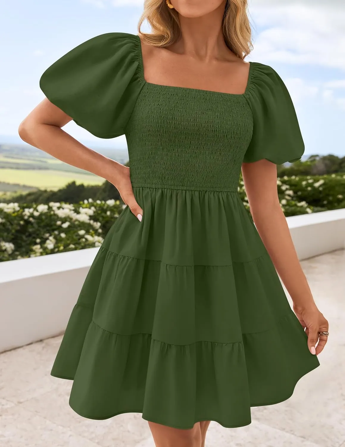 ZESICA Women's Boho 2025 Summer Square Neck Puff Sleeve Off Shoulder Smocked Tiered Casual A Line Short Mini Dress