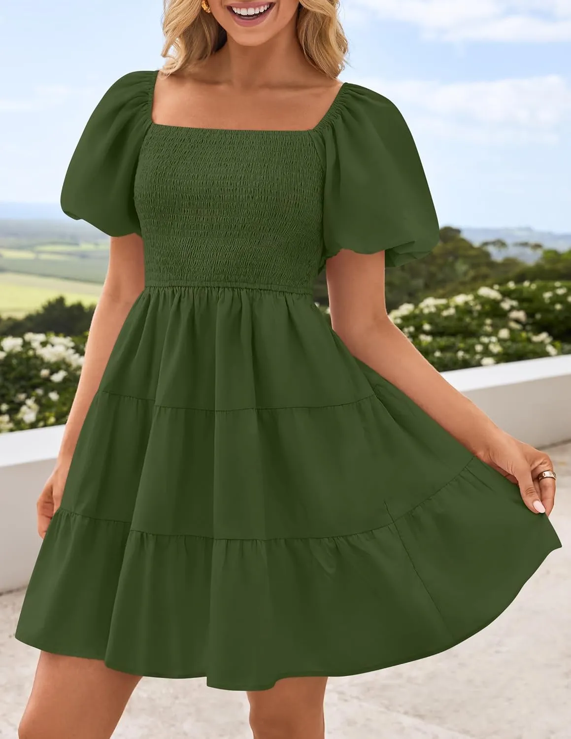 ZESICA Women's Boho 2025 Summer Square Neck Puff Sleeve Off Shoulder Smocked Tiered Casual A Line Short Mini Dress