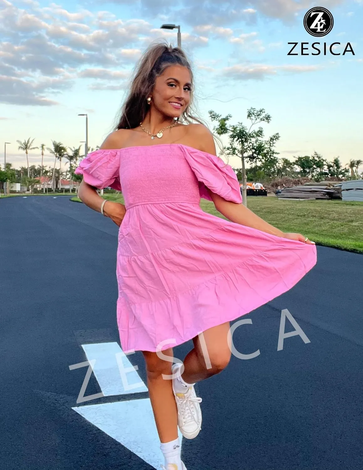 ZESICA Women's Boho 2025 Summer Square Neck Puff Sleeve Off Shoulder Smocked Tiered Casual A Line Short Mini Dress