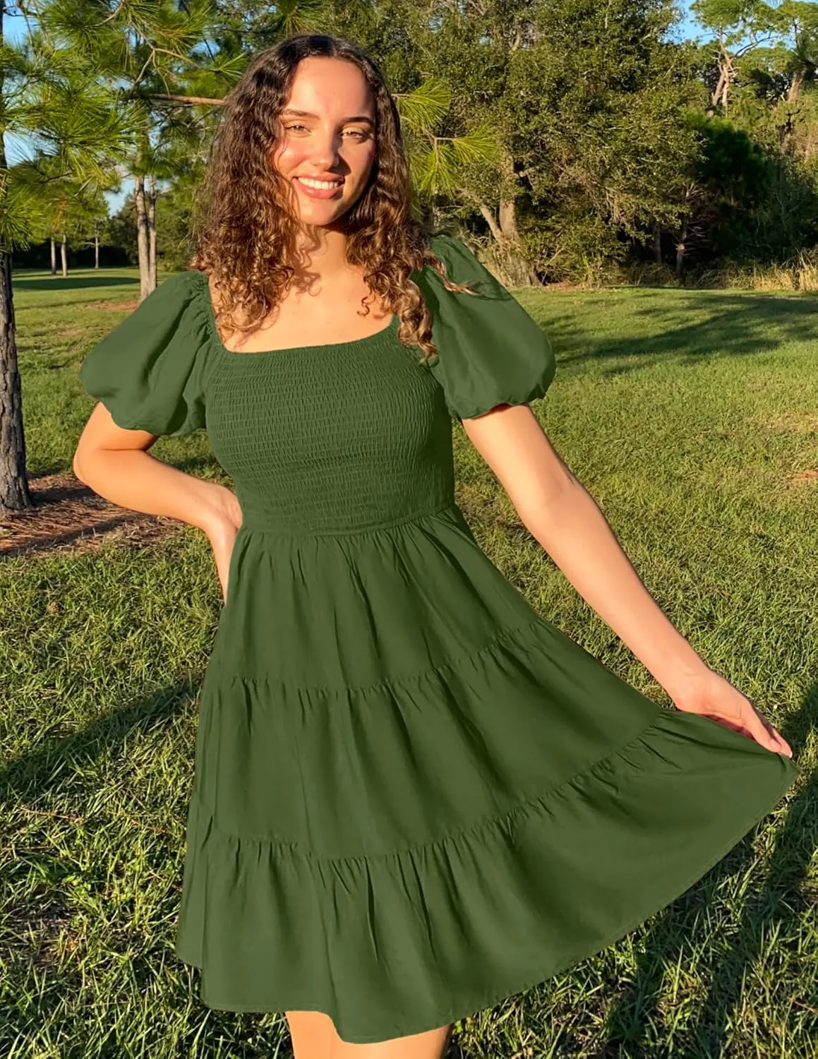ZESICA Women's Boho 2025 Summer Square Neck Puff Sleeve Off Shoulder Smocked Tiered Casual A Line Short Mini Dress