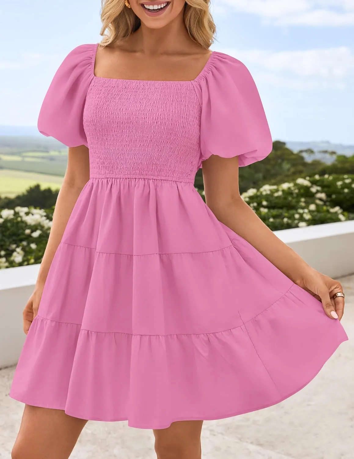 ZESICA Women's Boho 2025 Summer Square Neck Puff Sleeve Off Shoulder Smocked Tiered Casual A Line Short Mini Dress