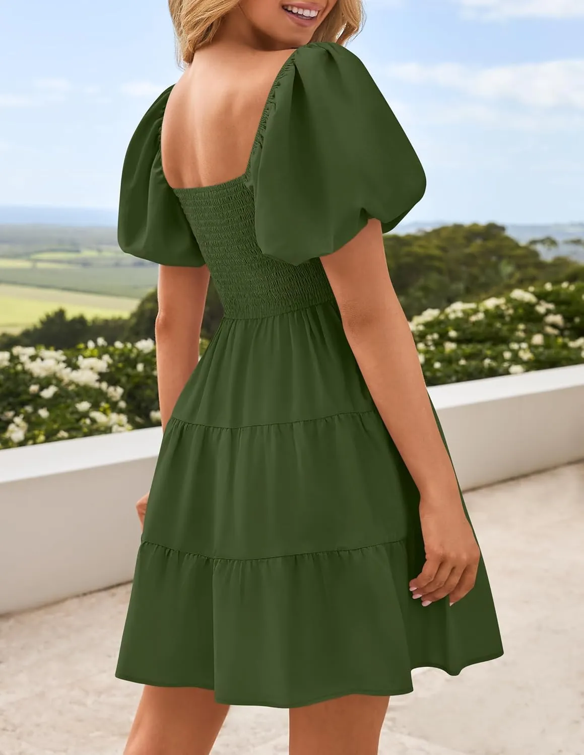 ZESICA Women's Boho 2025 Summer Square Neck Puff Sleeve Off Shoulder Smocked Tiered Casual A Line Short Mini Dress