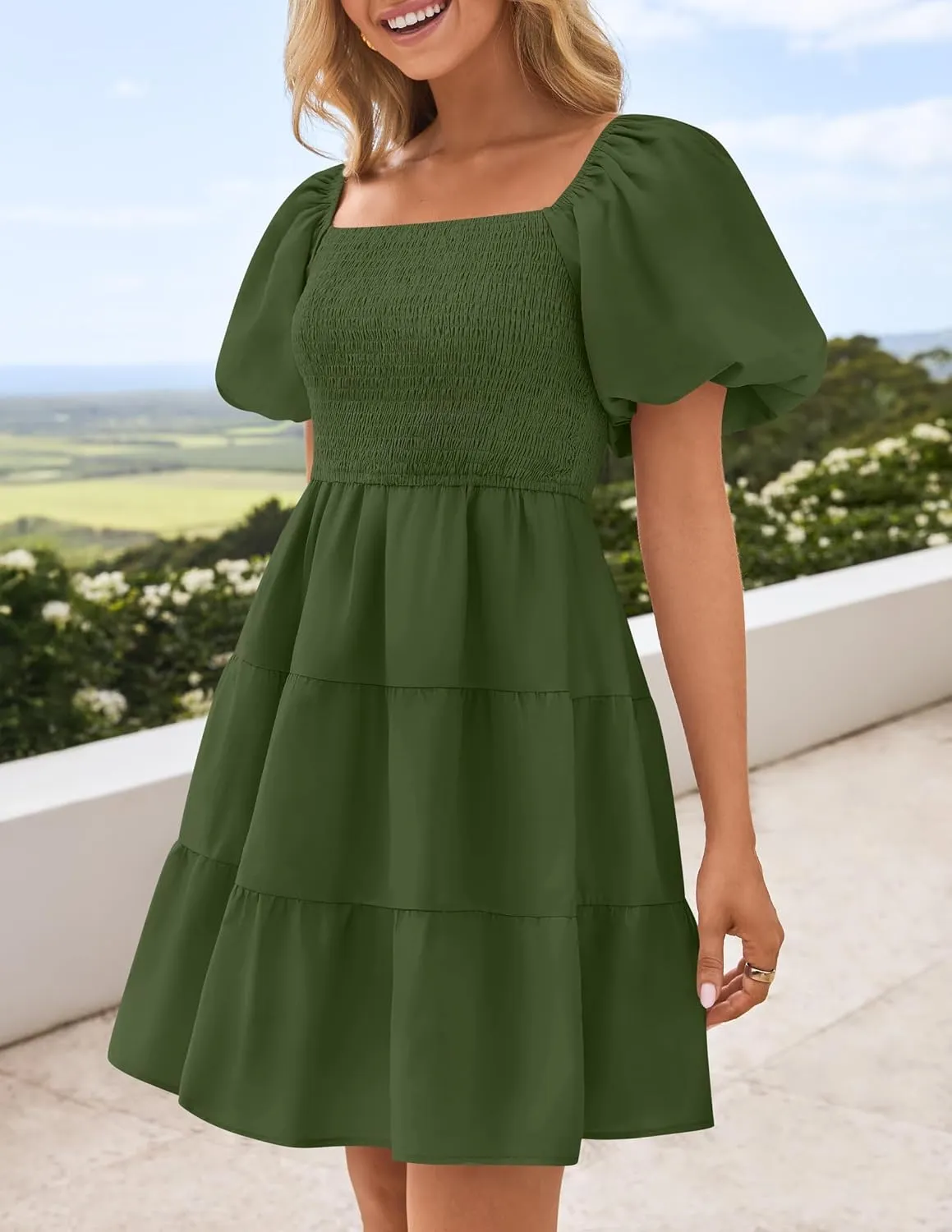 ZESICA Women's Boho 2025 Summer Square Neck Puff Sleeve Off Shoulder Smocked Tiered Casual A Line Short Mini Dress