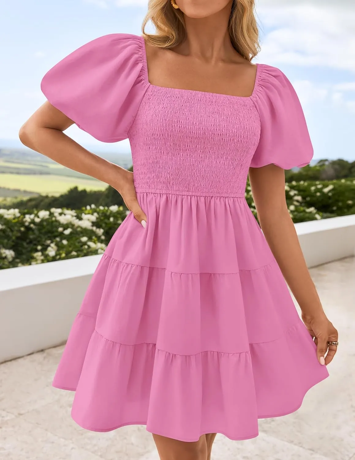 ZESICA Women's Boho 2025 Summer Square Neck Puff Sleeve Off Shoulder Smocked Tiered Casual A Line Short Mini Dress