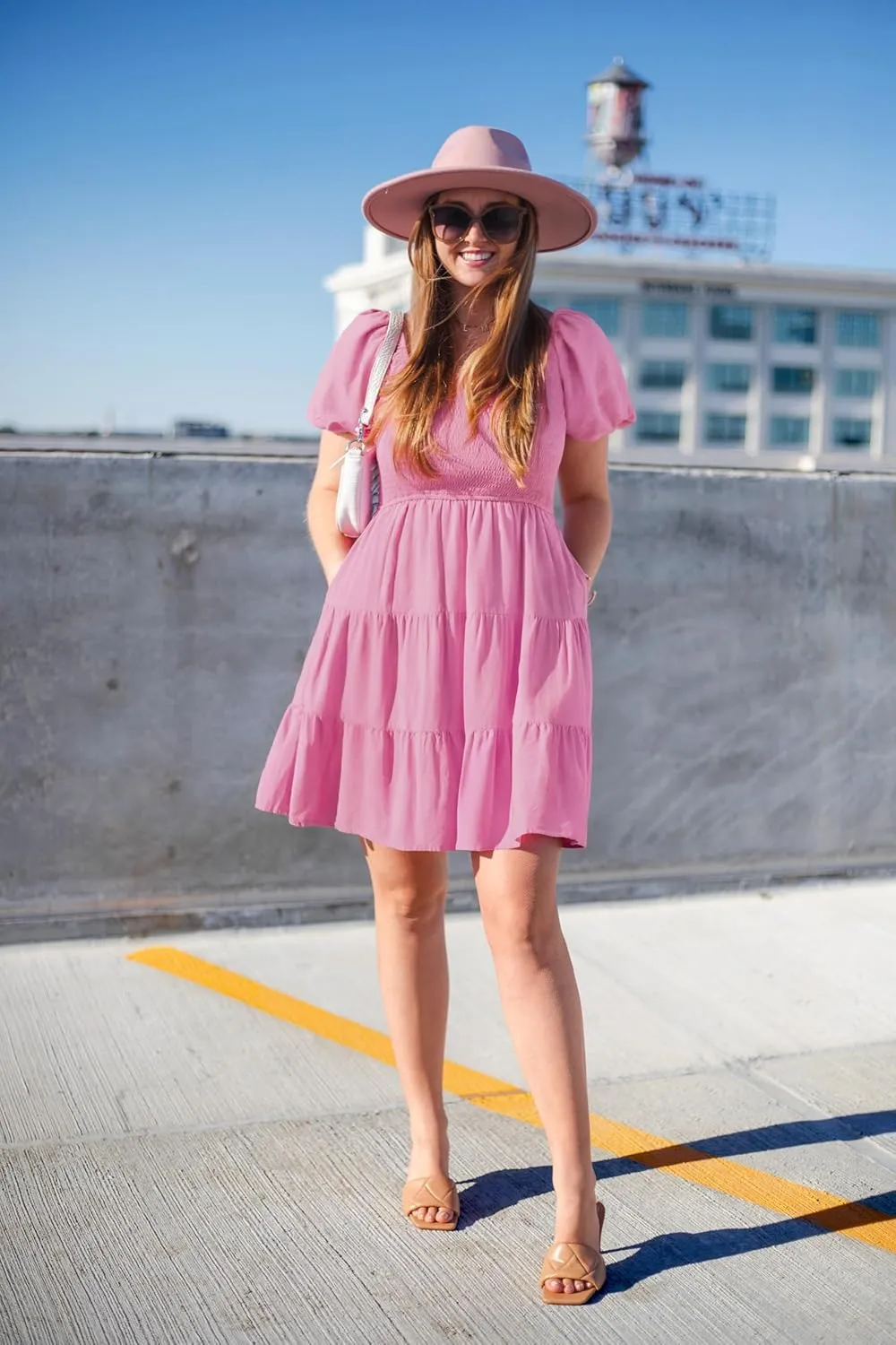 ZESICA Women's Boho 2025 Summer Square Neck Puff Sleeve Off Shoulder Smocked Tiered Casual A Line Short Mini Dress