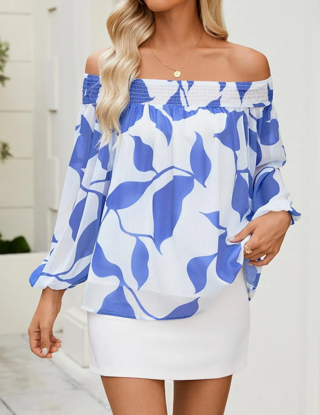 ZESICA Women's Summer Off Shoulder Tops 2025 Floral Chiffon Long Sleeve Loose Dressy Casual Shirts Blouses