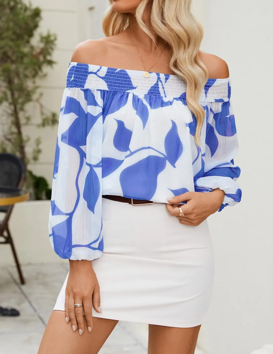 ZESICA Women's Summer Off Shoulder Tops 2025 Floral Chiffon Long Sleeve Loose Dressy Casual Shirts Blouses